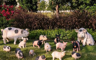 景區(qū)動物園擺放一群玻璃鋼彩繪豬雕塑