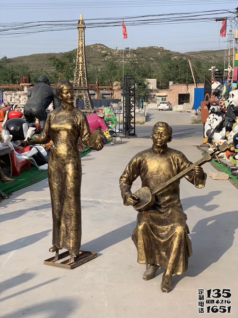 玻璃鋼仿銅民俗音樂(lè)彈唱人物雕塑 玻璃鋼仿銅民俗音樂(lè)彈唱人物雕塑