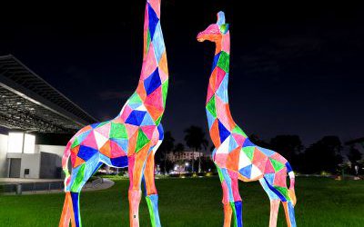 玻璃鋼彩繪幾何公園景區(qū)夜晚照明長頸鹿雕塑