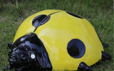 草地上擺放的大號(hào)黃色玻璃鋼卡通七星瓢蟲雕塑