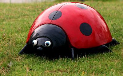 公園里擺放的紅色大眼睛的玻璃鋼卡通七星瓢蟲雕塑