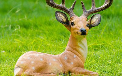 公園玻璃鋼彩繪草坪里臥著的公鹿梅花鹿雕塑