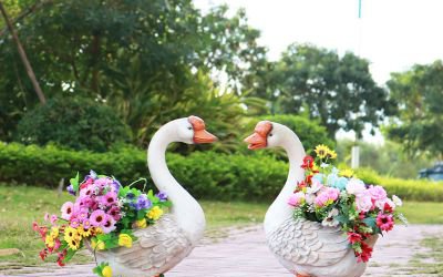 玻璃鋼動物天鵝花盆雕塑花園美陳裝飾品擺件